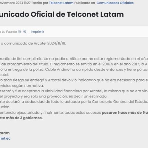 Telconet responde a cada argumento de Arcotel y dice que “todo pasó hace más de nueve años durante más de tres gobiernos”